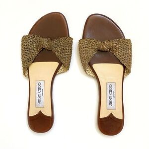 JIMMY CHOO gold metal chain knot slide sandals open toe flats